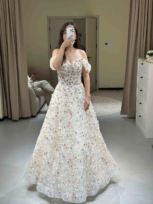 Off the shoulder 3D flower prom dress a line evening gown gh2782