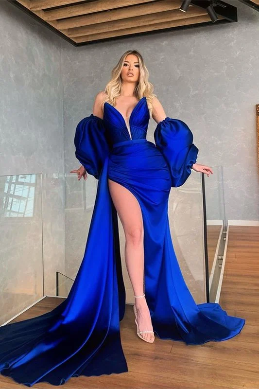 Stunning royal blue detachable sleeves long mermaid ball gown prom dress evening gown with slits gh2000