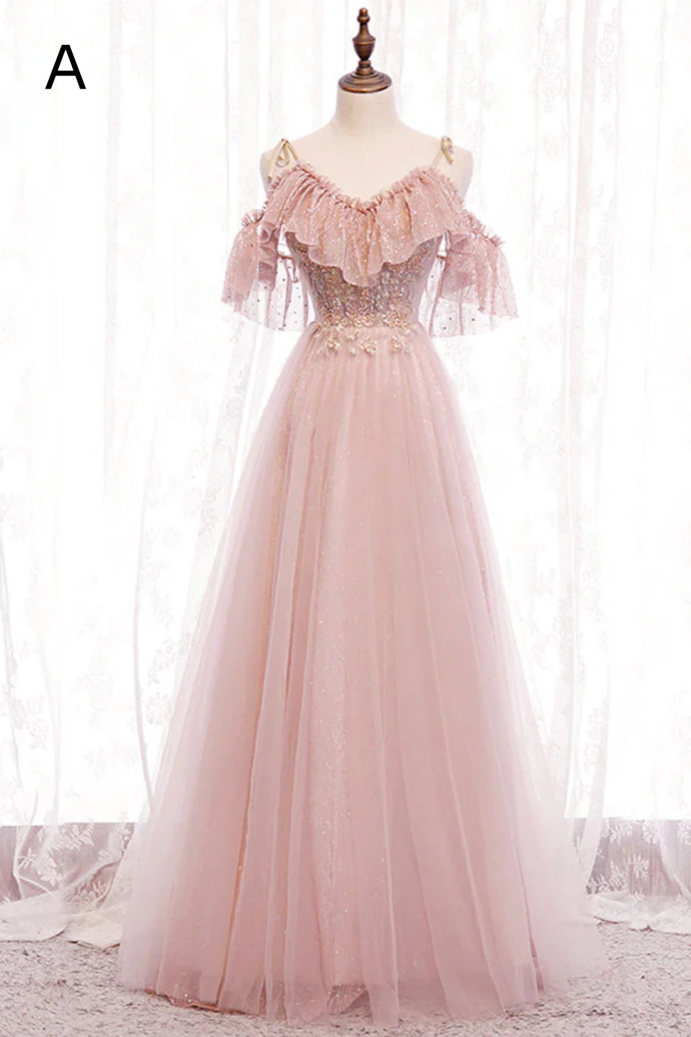 Pink tulle lace long prom dress evening dress  8349