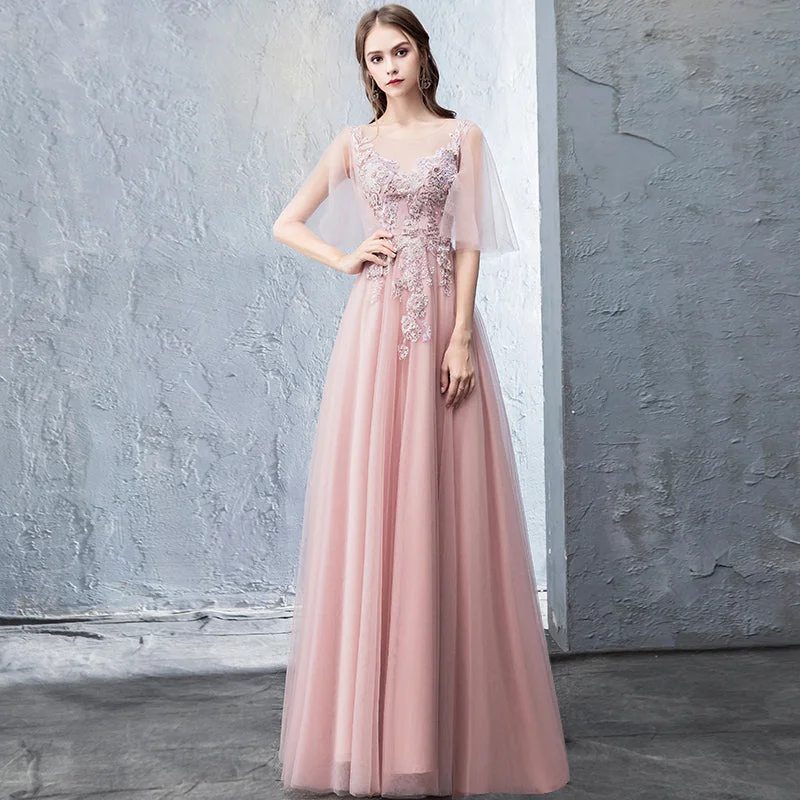 Pink tulle lace long prom dress evening dress  8255