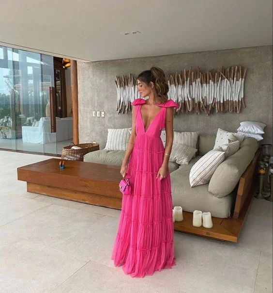 Pink backless deep V neck long prom dress A-line evening gown gh2807