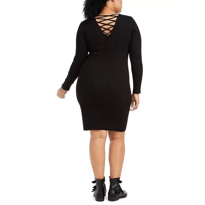 Planet Gold Women's Trendy Plus Size Lace-Up-Back Bodycon Dress Black Size Extra Large