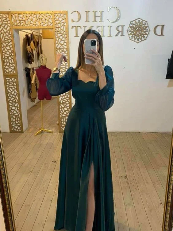 Long Sleeves Green Evening Dress Formal Tulle Prom Dress gh2763