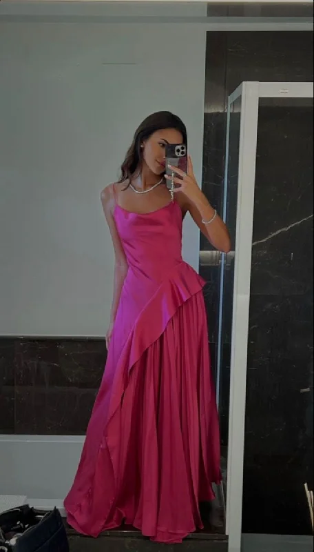 Pink spaghetti straps simple elegant long irregular ball gown evening dress gh3047