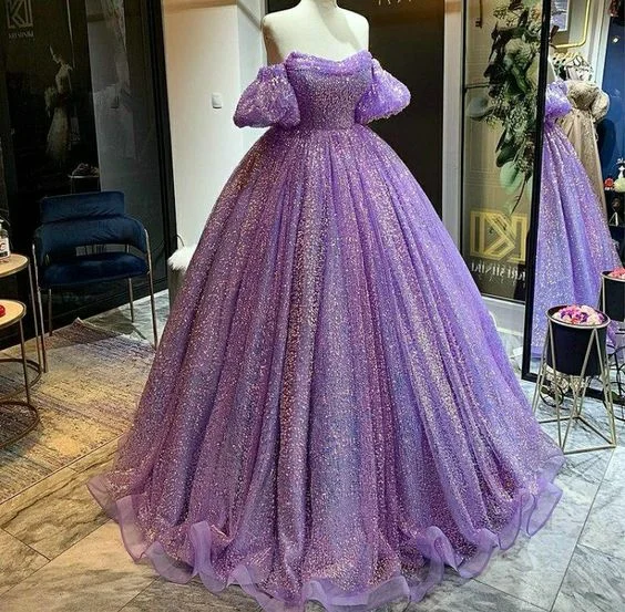 Purple shiny sequins heart-shaped neck long tulle ball gown evening dress adult ceremony dress gh3132