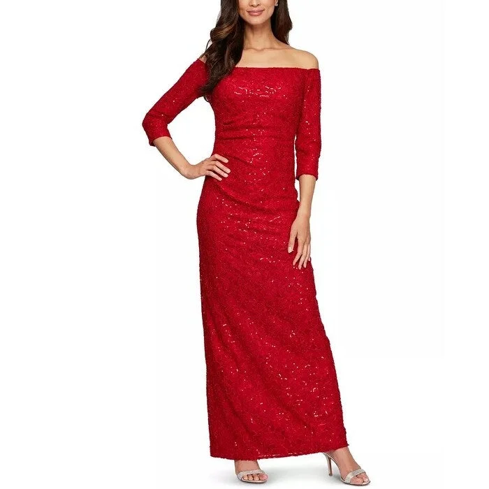 Alex Evenings Women's Off The Shoulder Glitter Lace Gown Red Size 6 P - 6P