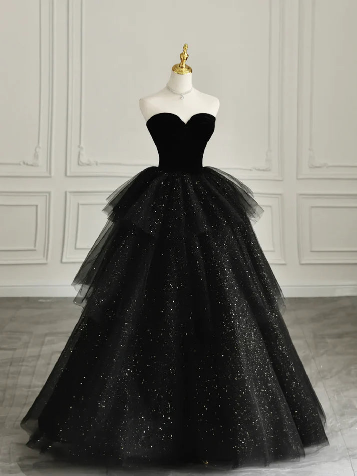 Black elegant off-shoulder tulle dress velvet sweetheart neckline tube top long evening dress ball gown gh3035