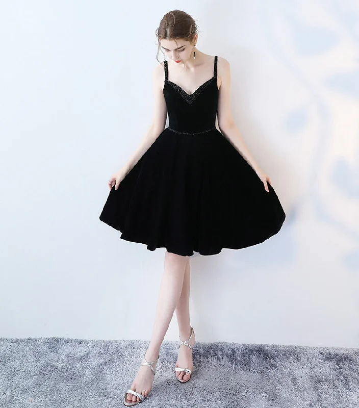 Black v neck velvet short prom dress, black evening dress  7833