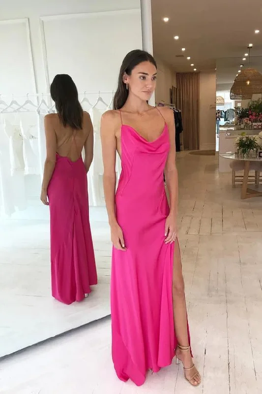 Simple Hot Criss Cross Long Evening Dresses Silk Satin Prom Dresses With Slit gh2819