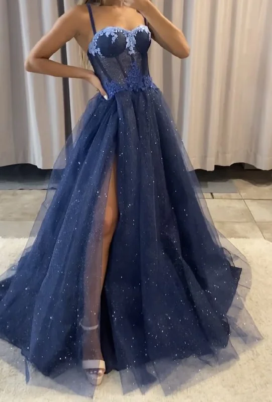 A line dark blue prom dress with slit shining evening gown  gh2744