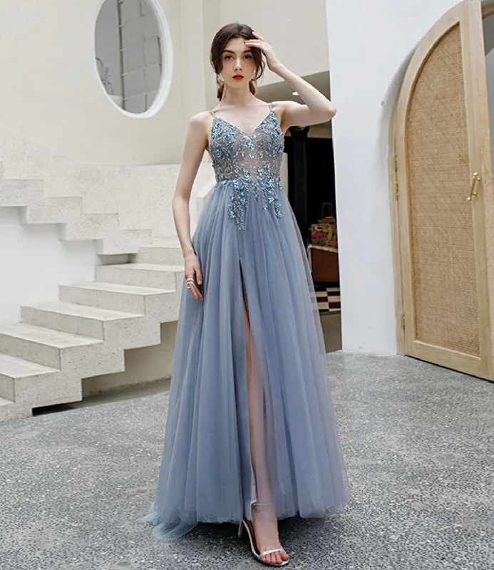 Gray tulle beads long prom dress A line evening dress  10579