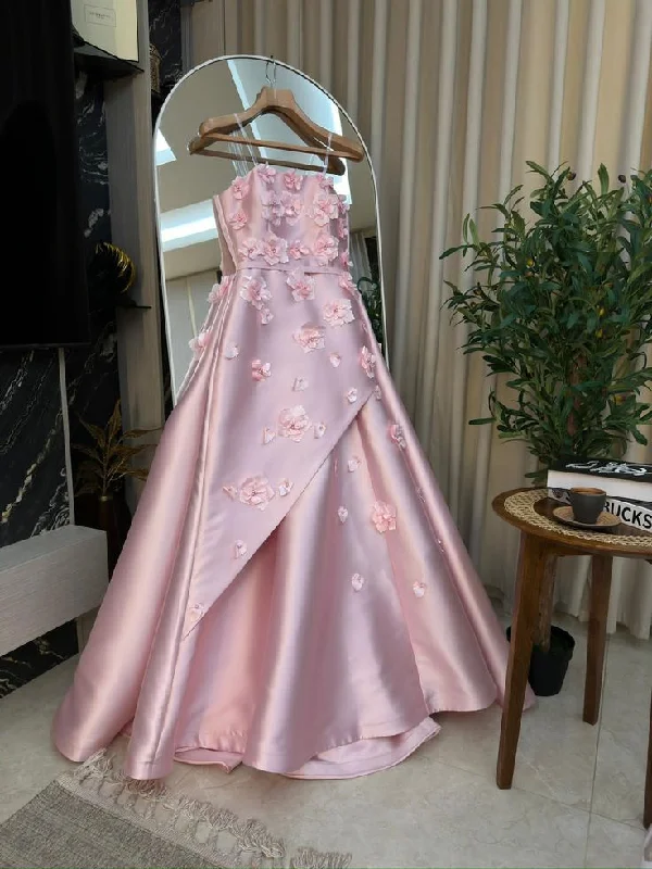 Pink Delicate Sweet Transparent Strap Applique Floral Long Satin Formal Prom Dress Evening Gown gh3146