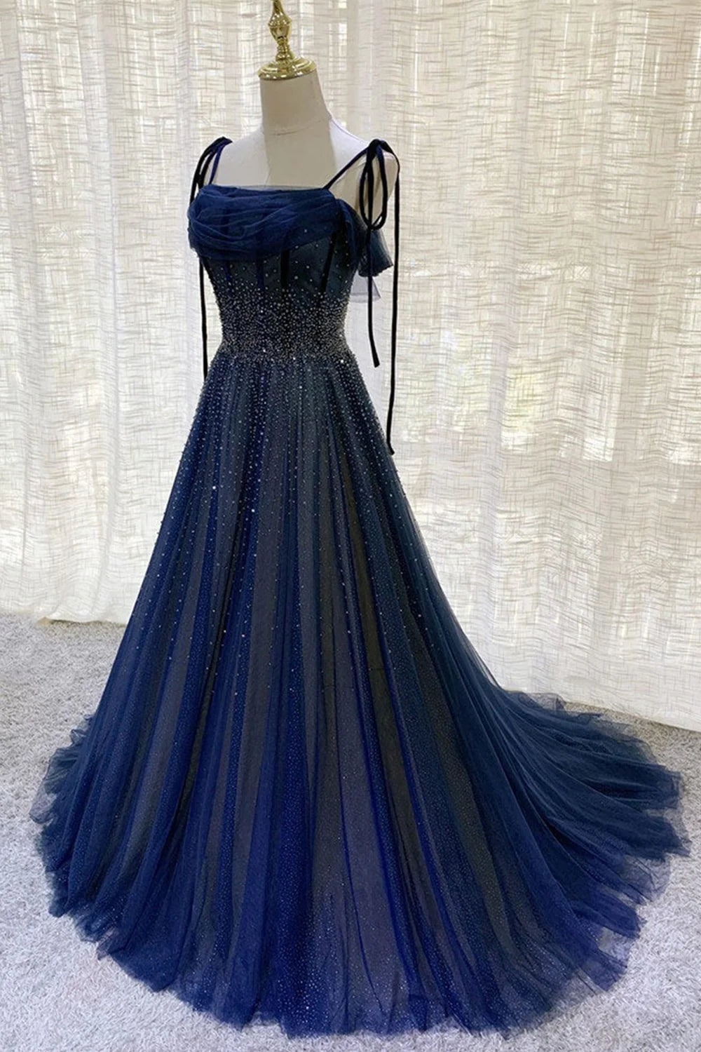 Dark blue gorgeous shiny sequins long elegant tulle ball gown evening dress gh2578