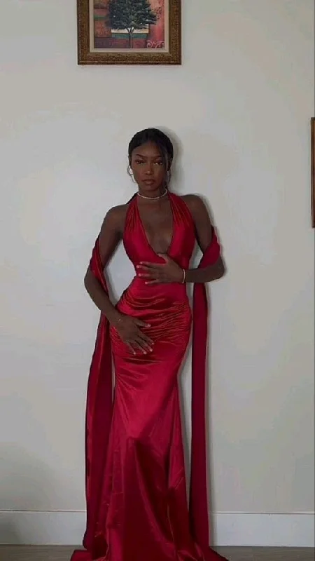 Sexy elegant mermaid red v neck long evening gown ball gown gh2997