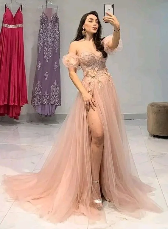 Off the shoulder pink tulle pom dress a line evening dress with slit gh2745