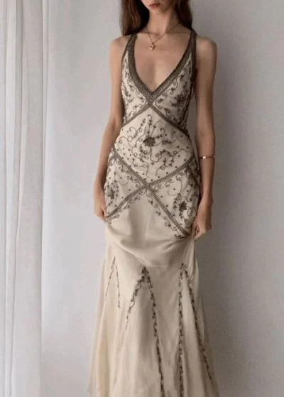 V neck beige exquisite elegant floral pattern long evening dress prom dress gh2941