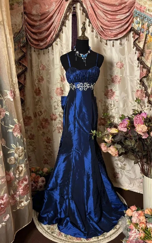 Blue Vintage Elegant Satin Spaghetti Strap Long Ball Gown Evening Dress gh3043