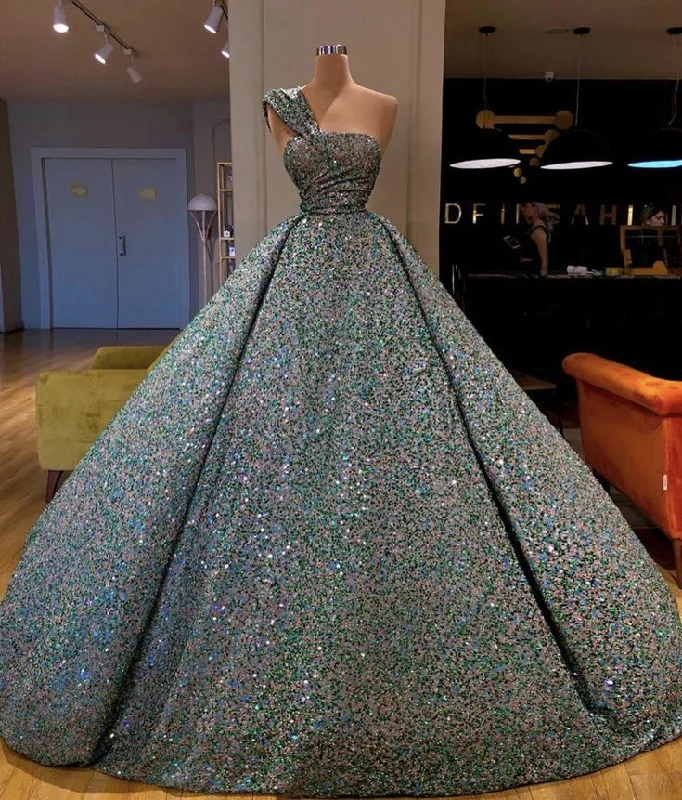 Green gorgeous shiny sequins fashionable one shoulder strapless off shoulder long ball gown evening dress gh3091