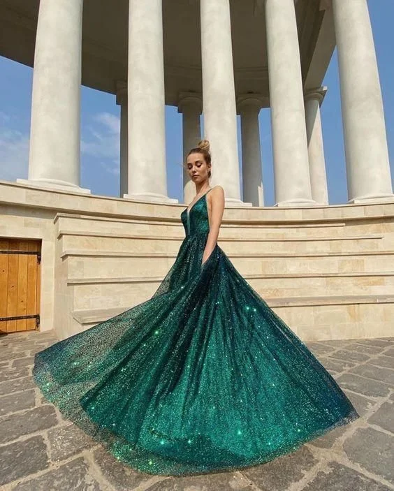 Spaghetti Straps Green Shiny Prom Dress A Line Evening Gown gh2760