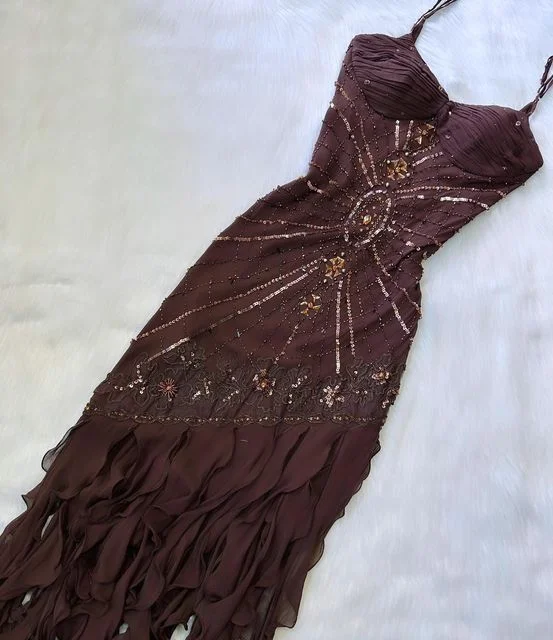 Brown Beautiful A-line Spaghetti Straps Exquisite Beaded Chiffon Long Ball Gown Evening Dress gh3155