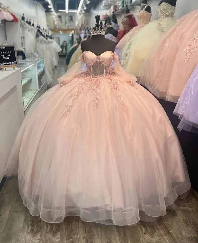 Pink Tulle Applique Beaded Long Sleeve Quinceaine Dress Prom Dress Graduation Dress Evening Dress Sweet 16 Years Old Dress gh3122