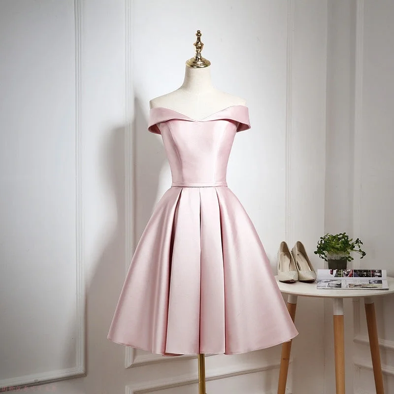 Simple satin short prom dress pink evening dress  8208