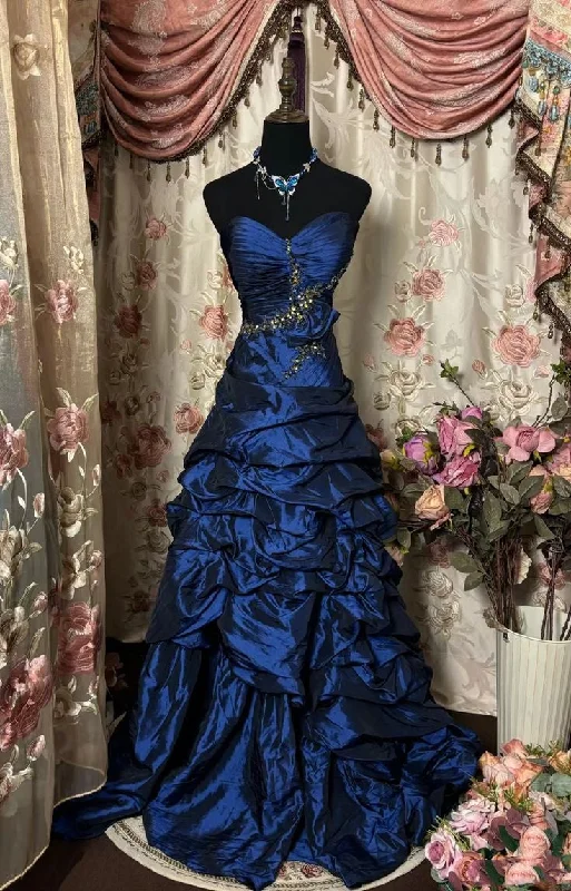 Blue vintage rhinestone embellished elegant long pleated ball gown evening dress gh3057