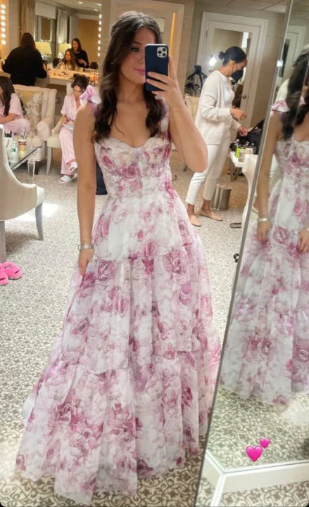 Pink sweet A-line floral print chiffon long elegant ball gown evening dress gh2794