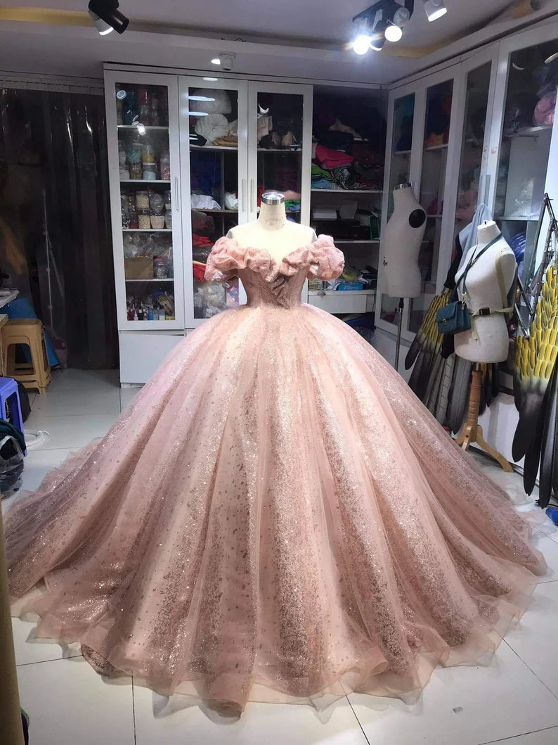 Champagne pink sweet shiny gorgeous elegant long ball gown evening dress princess adult ceremony ball gown gh3115