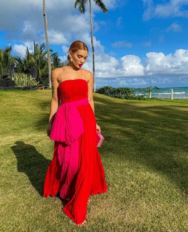 Red unique fashion tube top pink contrast long tulle ball gown evening dress gh3082