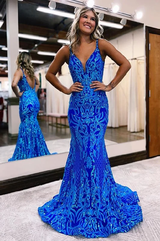 Navy blue sparkling prom dress v neck sheath evening gown gh2720