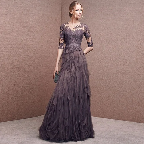 Gray purple elegant long sleeve lace long tulle ball gown evening dress 7648