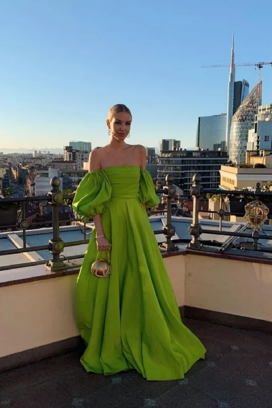 Green Strapless Puff Sleeve Long Satin Ball Gown Evening Dress gh3116