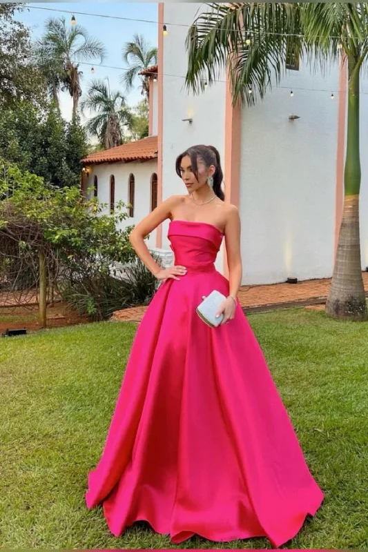 Pink tube top simple elegant long satin ball gown evening dress gh3117