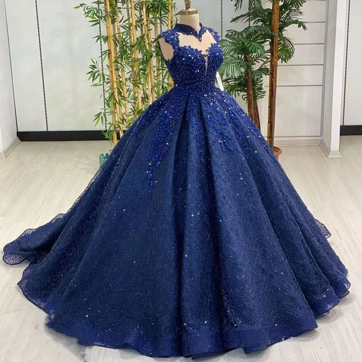 Blue shiny sequin applique beaded elegant long tulle prom dress evening dress graduation dress Quinceañera dress gh3126