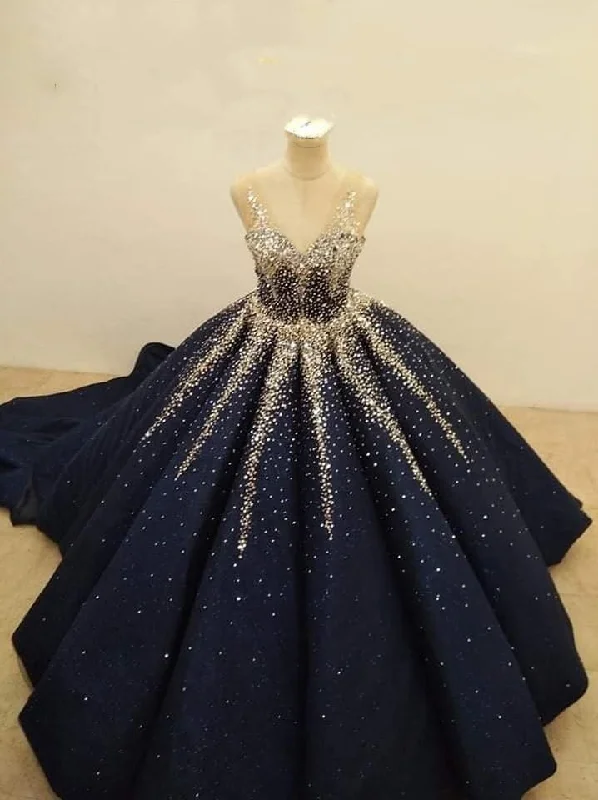 Navy blue gorgeous shiny sequins stylish unique long prom dress evening gown gh3092