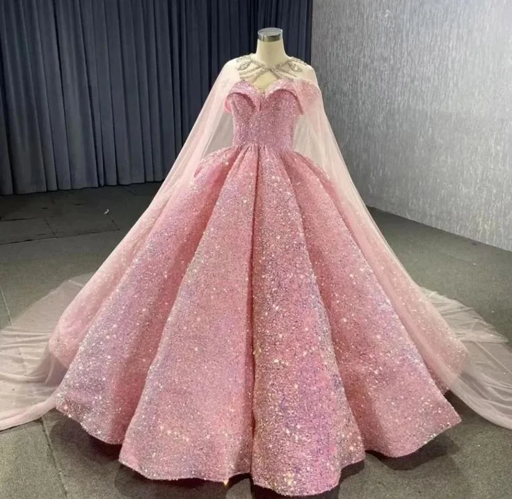 Pink Gorgeous Shiny Tulle Rhinestone Cape Cape Long Sequined Ball Gown Evening Dress Coming of Age Dress gh3162