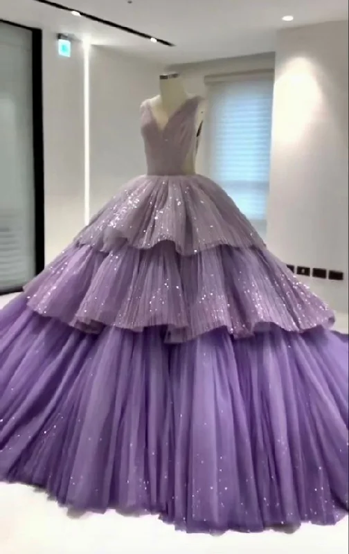 Purple Gorgeous Shiny Elegant A-line Long Tiered Ruffled Tulle Ball Gown Formal Dress Evening Dress Celebrity Dress gh3145