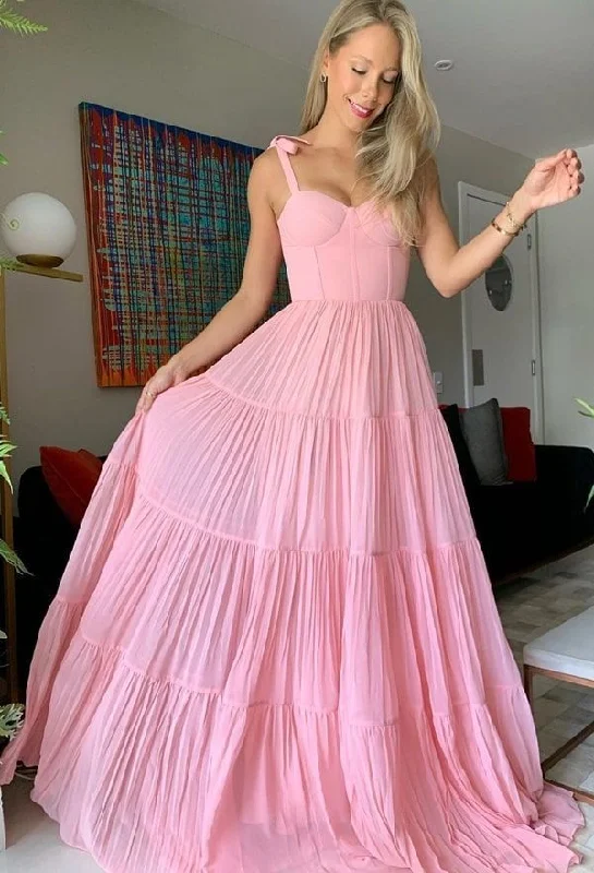 Pink Chiffon Long Prom Dresses A-Line Evening Gown gh2838