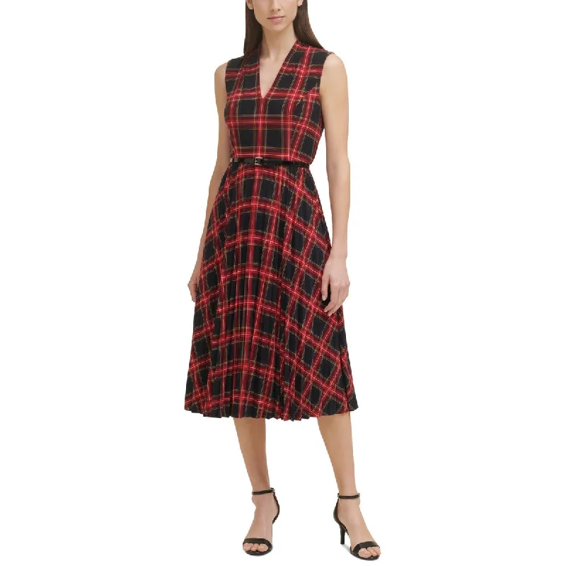 Tommy Hilfiger Womens Plaid Midi Fit & Flare Dress