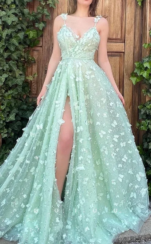 Elegant A-Line V-Neck Floral Embossed Tulle Long Prom Evening Dress gh2749