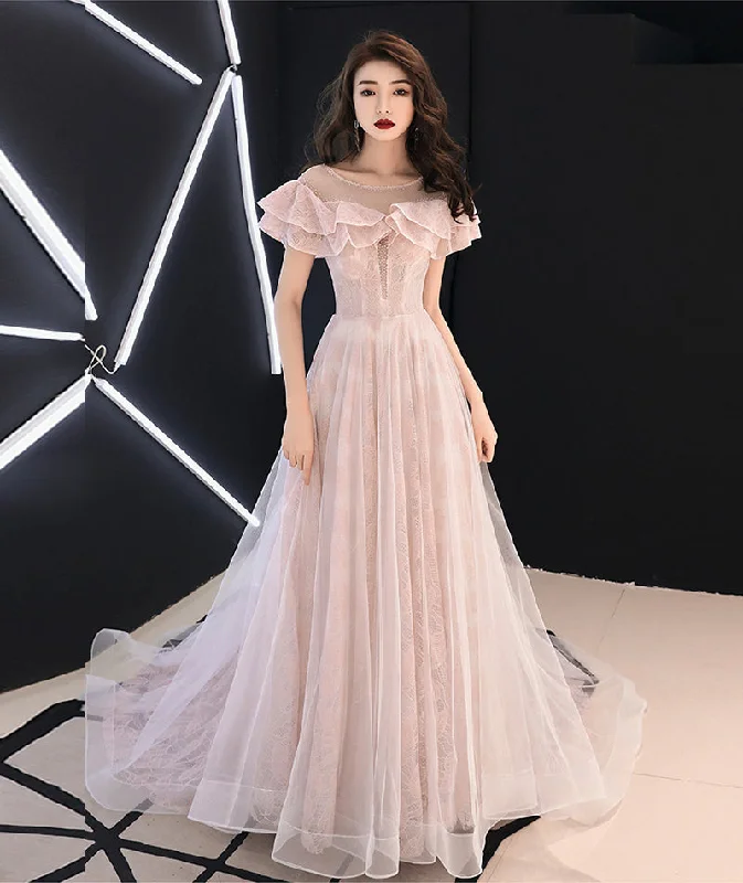 Pink lace tulle long prom dress pink evening dress  8372