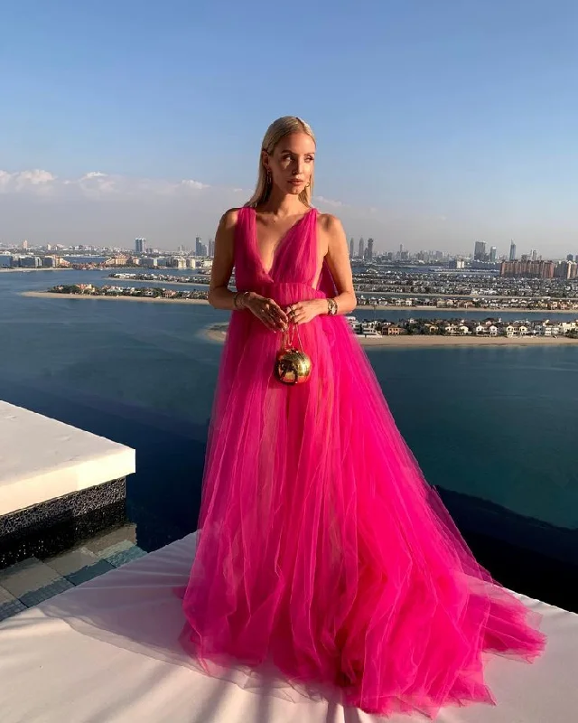 Pink V-neck contrast color long shoulder strap tulle long ball gown prom dress evening dress gh3067