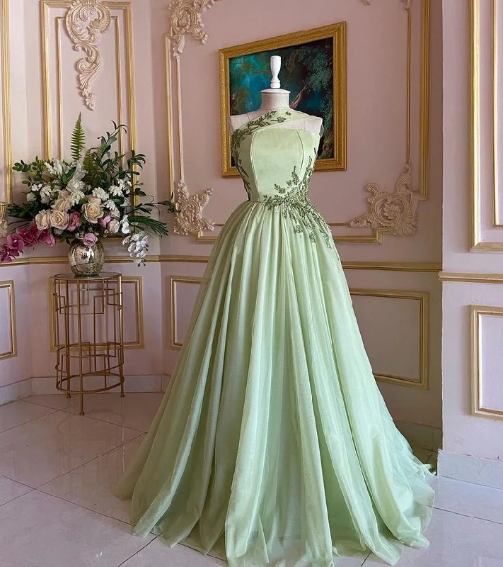 Green Gorgeous Delicate applique Beaded Long Tulle Formal Custom Prom Dress Evening Gown gh3148