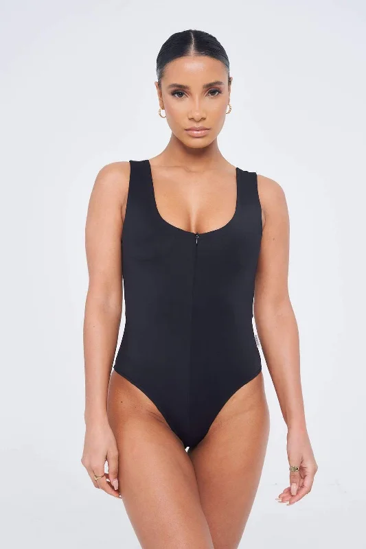 Sian Marie Contour Low Neck Zip Bodysuit - Black