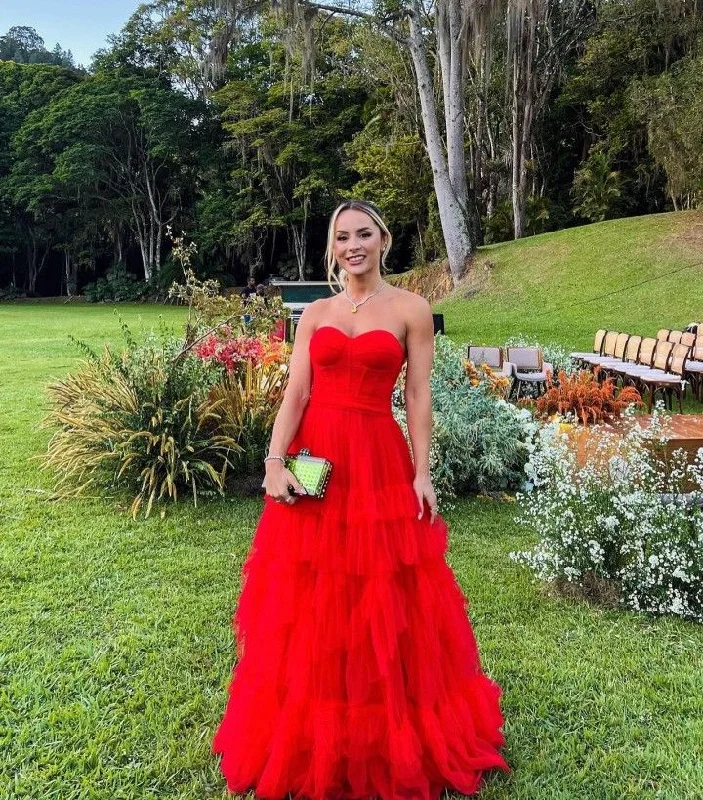 Red sweetheart neck tube top stylish elegant layered tulle long ball gown evening dress gh3081