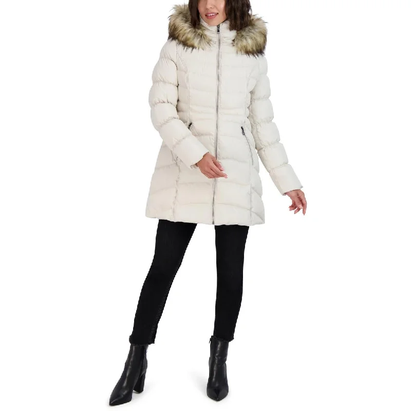 Womens Faux Fur Trim Hooded Puffer Jacket