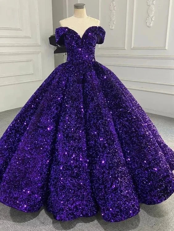 Shiny Purple Off Shoulder Sequined Long Prom Dress Evening Dress Sweet 16 Years Old Dress Graduation Dress Adult Ceremony Dress gh3124