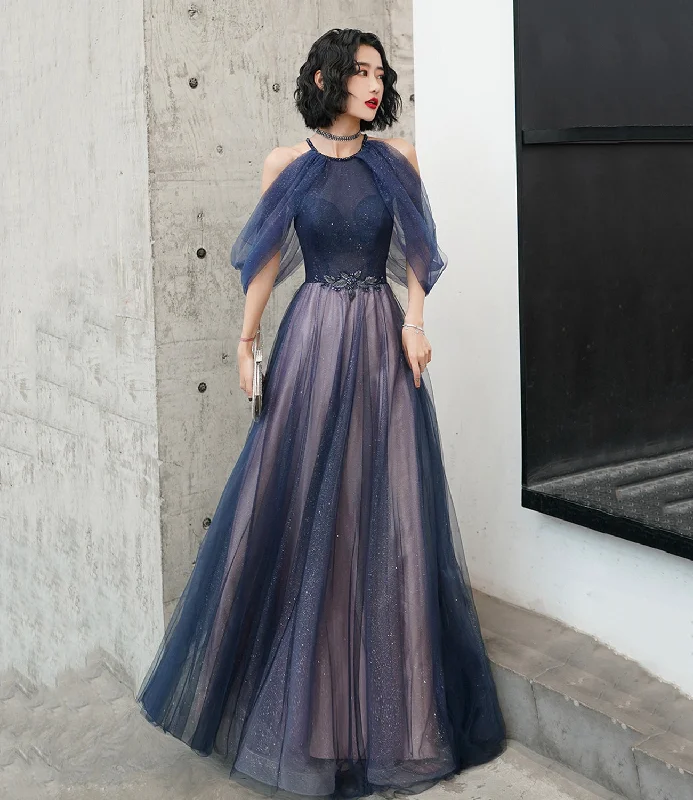 Blue tulle sequins long prom dress blue evening dress  10497