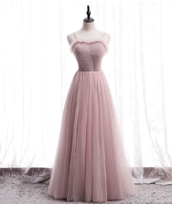 Pink tulle long prom dress simple evening dress  8399